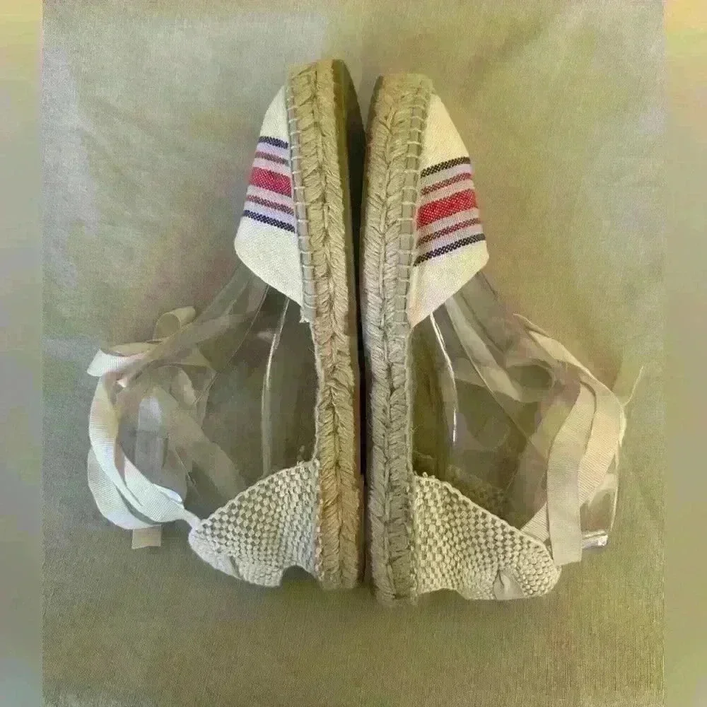 Manebi Hamptons Striped Canvas Espadrilles With Ankle Ties In Tan Size 39/9 NWOT